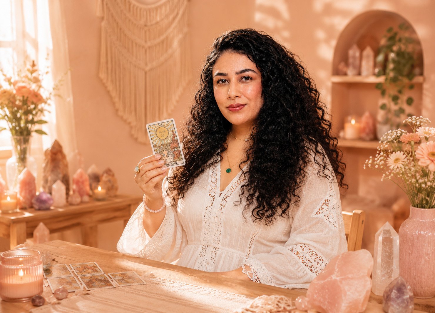 The Golden Seer, numerology and tarot guide, holding a tarot card